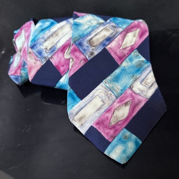 Louis Feraud Pink Turquoise Silk Tie Painting Watercolor Modern Art Blue - Picture 5 of 8